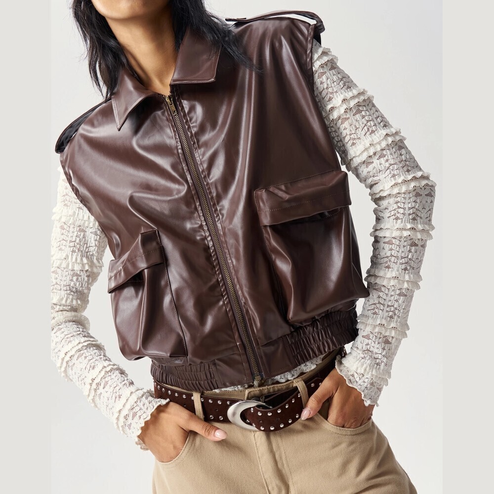 Brown Faux Leather Zip Front Sleeveless Cropped Bomber Aviator Vest